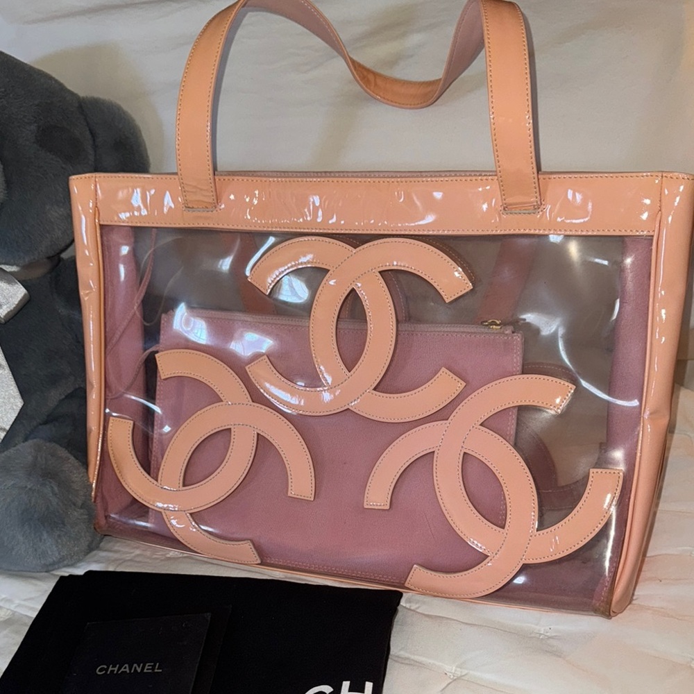 Chanel Pink Transparent Tote with Iconic CC Logos Vintage 90s XL Peachy Pink - Picture 2 of 7